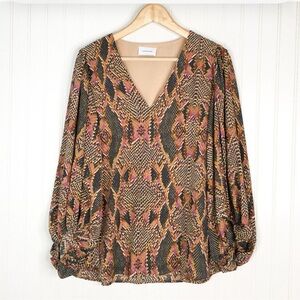 Adrienne Brown and Orange Puff Sleeve Blouse